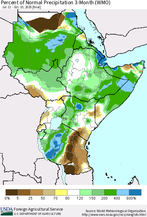 Eastern Africa Percent of Normal Precipitation 3-Month (WMO) Thematic Map For 7/11/2020 - 10/10/2020