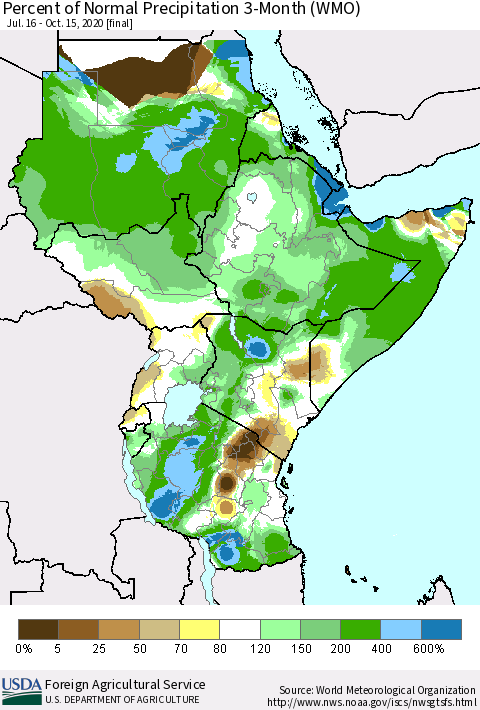Eastern Africa Percent of Normal Precipitation 3-Month (WMO) Thematic Map For 7/16/2020 - 10/15/2020
