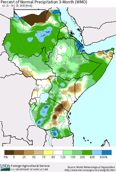 Eastern Africa Percent of Normal Precipitation 3-Month (WMO) Thematic Map For 7/21/2020 - 10/20/2020
