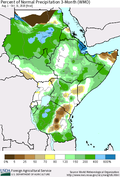 Eastern Africa Percent of Normal Precipitation 3-Month (WMO) Thematic Map For 8/1/2020 - 10/31/2020