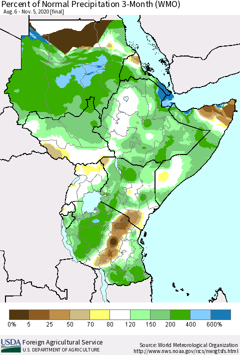 Eastern Africa Percent of Normal Precipitation 3-Month (WMO) Thematic Map For 8/6/2020 - 11/5/2020