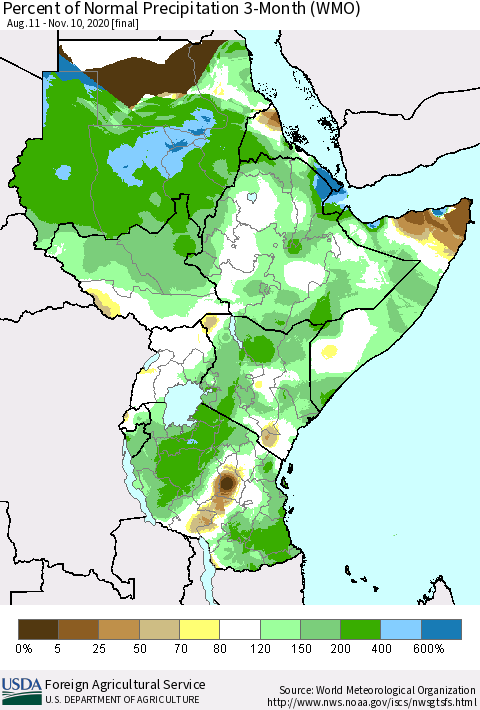 Eastern Africa Percent of Normal Precipitation 3-Month (WMO) Thematic Map For 8/11/2020 - 11/10/2020