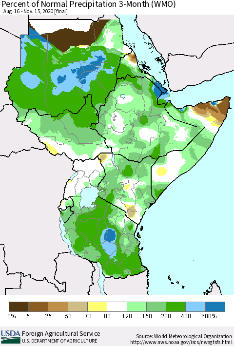 Eastern Africa Percent of Normal Precipitation 3-Month (WMO) Thematic Map For 8/16/2020 - 11/15/2020