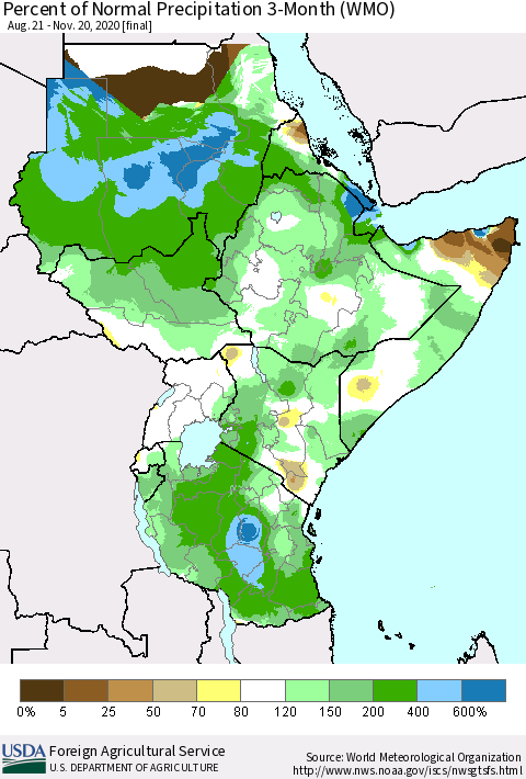 Eastern Africa Percent of Normal Precipitation 3-Month (WMO) Thematic Map For 8/21/2020 - 11/20/2020