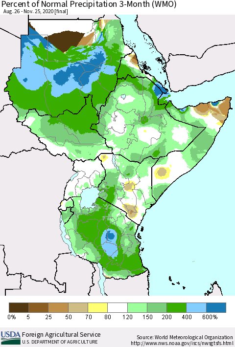 Eastern Africa Percent of Normal Precipitation 3-Month (WMO) Thematic Map For 8/26/2020 - 11/25/2020
