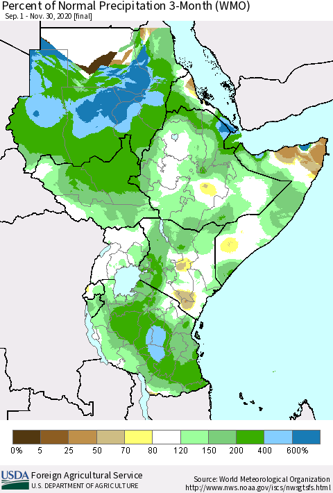 Eastern Africa Percent of Normal Precipitation 3-Month (WMO) Thematic Map For 9/1/2020 - 11/30/2020