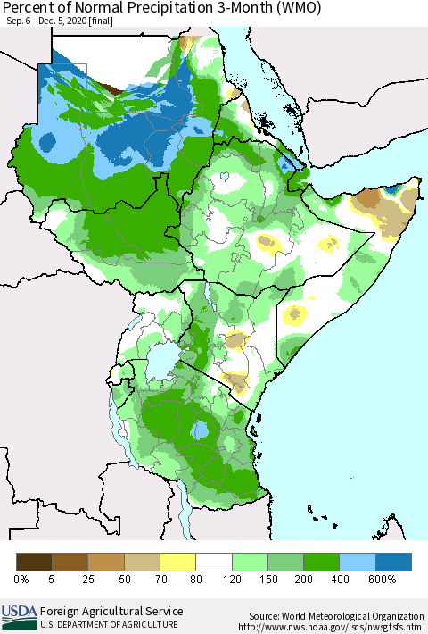 Eastern Africa Percent of Normal Precipitation 3-Month (WMO) Thematic Map For 9/6/2020 - 12/5/2020