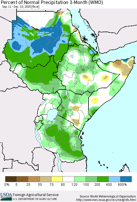 Eastern Africa Percent of Normal Precipitation 3-Month (WMO) Thematic Map For 9/11/2020 - 12/10/2020