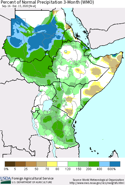 Eastern Africa Percent of Normal Precipitation 3-Month (WMO) Thematic Map For 9/16/2020 - 12/15/2020
