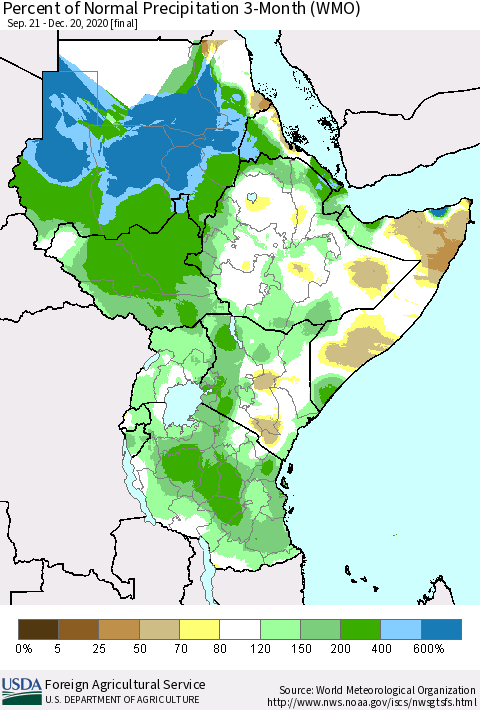 Eastern Africa Percent of Normal Precipitation 3-Month (WMO) Thematic Map For 9/21/2020 - 12/20/2020