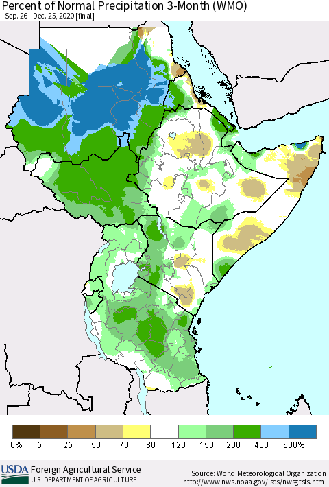 Eastern Africa Percent of Normal Precipitation 3-Month (WMO) Thematic Map For 9/26/2020 - 12/25/2020