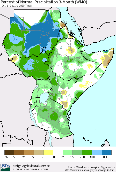 Eastern Africa Percent of Normal Precipitation 3-Month (WMO) Thematic Map For 10/1/2020 - 12/31/2020