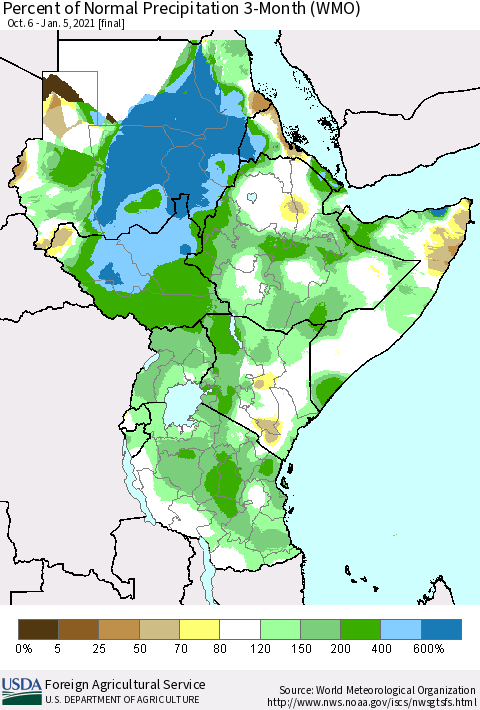 Eastern Africa Percent of Normal Precipitation 3-Month (WMO) Thematic Map For 10/6/2020 - 1/5/2021