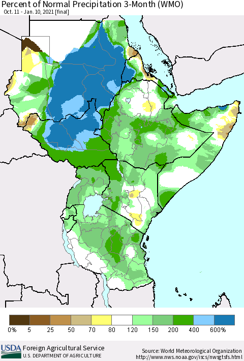 Eastern Africa Percent of Normal Precipitation 3-Month (WMO) Thematic Map For 10/11/2020 - 1/10/2021
