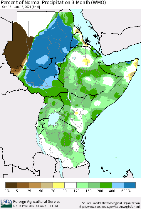 Eastern Africa Percent of Normal Precipitation 3-Month (WMO) Thematic Map For 10/16/2020 - 1/15/2021