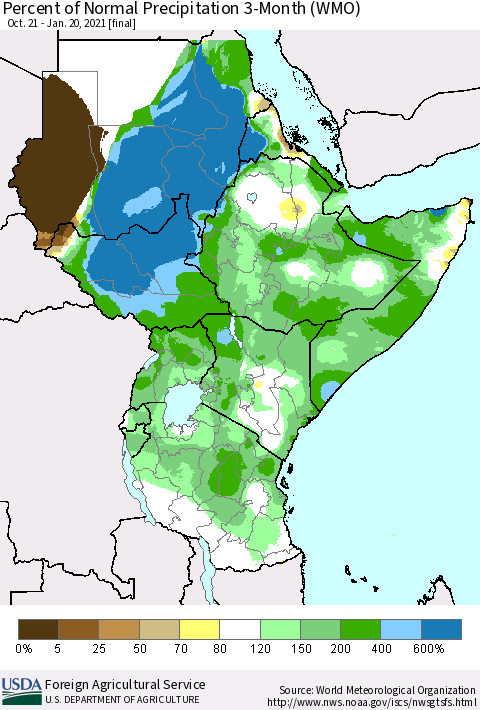 Eastern Africa Percent of Normal Precipitation 3-Month (WMO) Thematic Map For 10/21/2020 - 1/20/2021