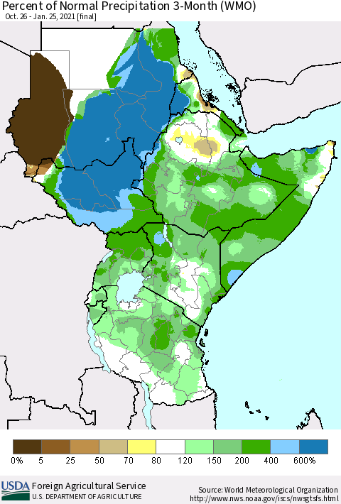 Eastern Africa Percent of Normal Precipitation 3-Month (WMO) Thematic Map For 10/26/2020 - 1/25/2021