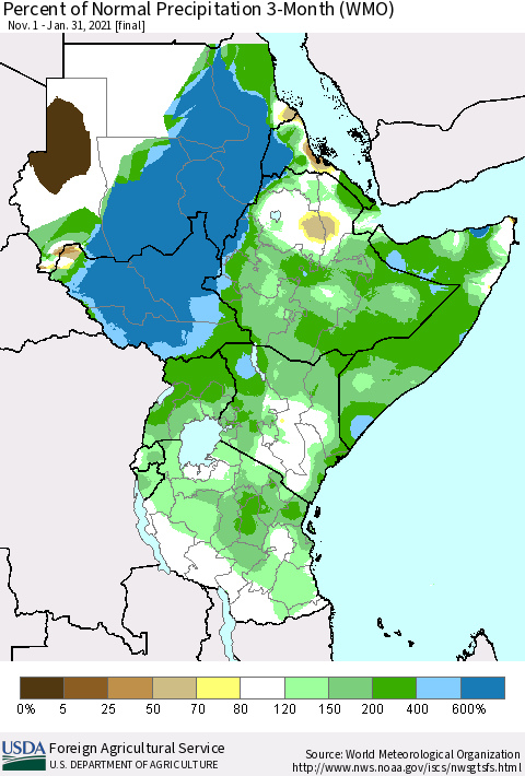 Eastern Africa Percent of Normal Precipitation 3-Month (WMO) Thematic Map For 11/1/2020 - 1/31/2021