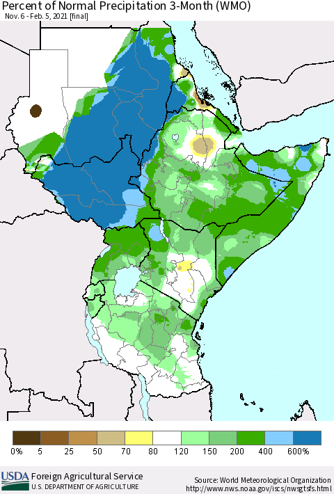 Eastern Africa Percent of Normal Precipitation 3-Month (WMO) Thematic Map For 11/6/2020 - 2/5/2021