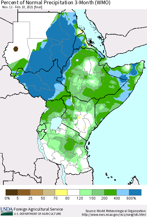 Eastern Africa Percent of Normal Precipitation 3-Month (WMO) Thematic Map For 11/11/2020 - 2/10/2021