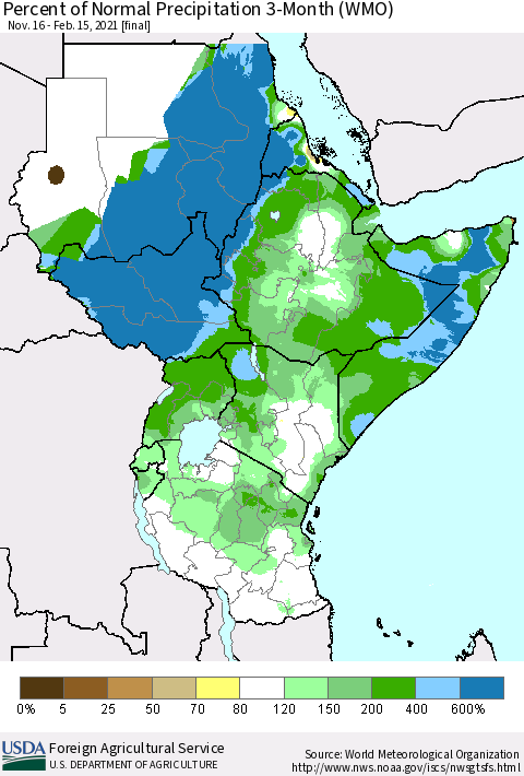 Eastern Africa Percent of Normal Precipitation 3-Month (WMO) Thematic Map For 11/16/2020 - 2/15/2021