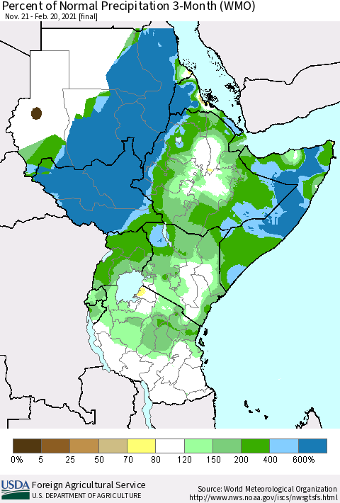 Eastern Africa Percent of Normal Precipitation 3-Month (WMO) Thematic Map For 11/21/2020 - 2/20/2021