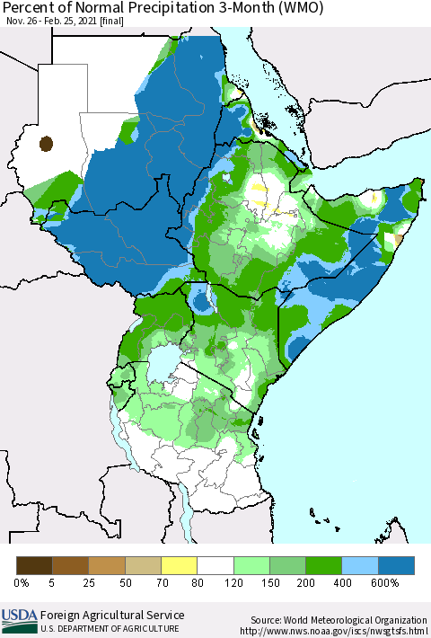 Eastern Africa Percent of Normal Precipitation 3-Month (WMO) Thematic Map For 11/26/2020 - 2/25/2021