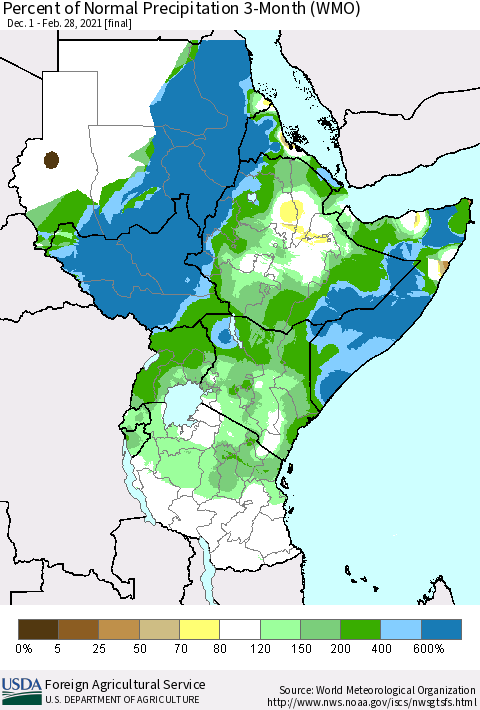 Eastern Africa Percent of Normal Precipitation 3-Month (WMO) Thematic Map For 12/1/2020 - 2/28/2021