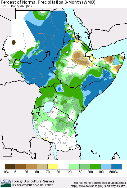 Eastern Africa Percent of Normal Precipitation 3-Month (WMO) Thematic Map For 12/6/2020 - 3/5/2021
