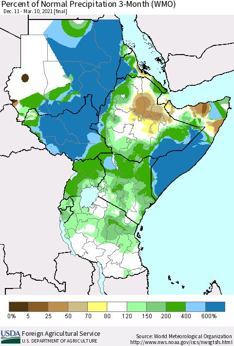 Eastern Africa Percent of Normal Precipitation 3-Month (WMO) Thematic Map For 12/11/2020 - 3/10/2021