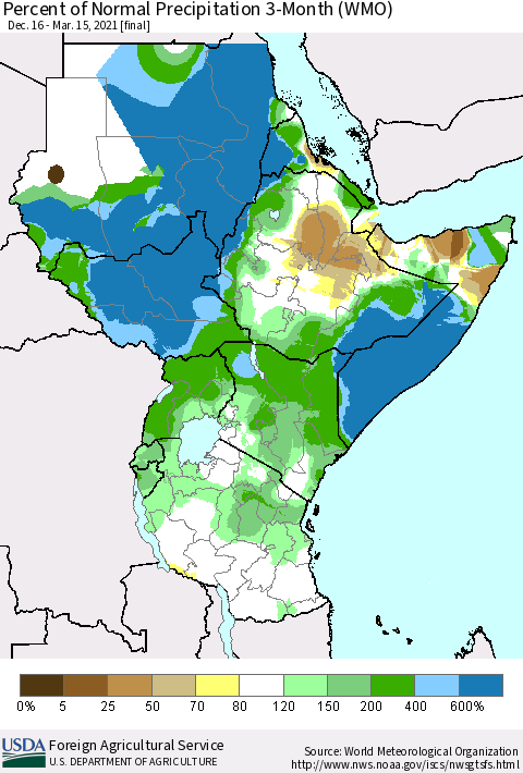 Eastern Africa Percent of Normal Precipitation 3-Month (WMO) Thematic Map For 12/16/2020 - 3/15/2021