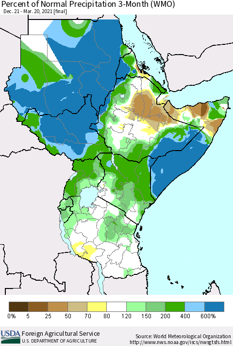 Eastern Africa Percent of Normal Precipitation 3-Month (WMO) Thematic Map For 12/21/2020 - 3/20/2021