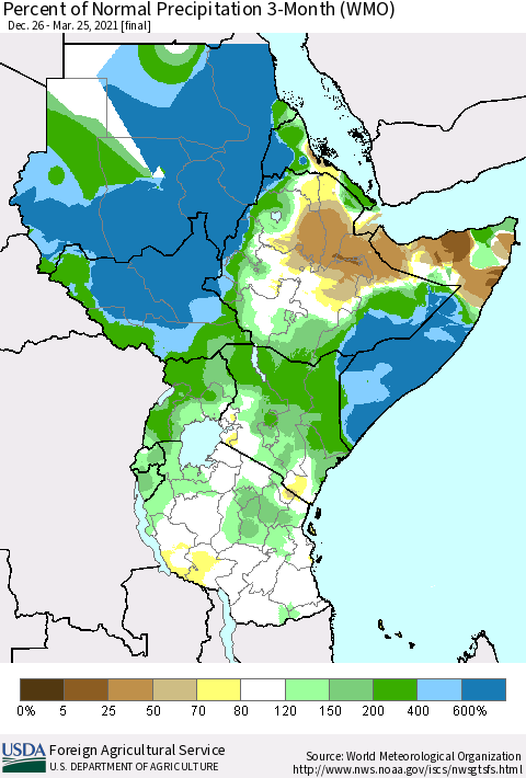 Eastern Africa Percent of Normal Precipitation 3-Month (WMO) Thematic Map For 12/26/2020 - 3/25/2021