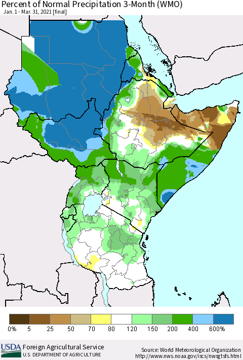 Eastern Africa Percent of Normal Precipitation 3-Month (WMO) Thematic Map For 1/1/2021 - 3/31/2021