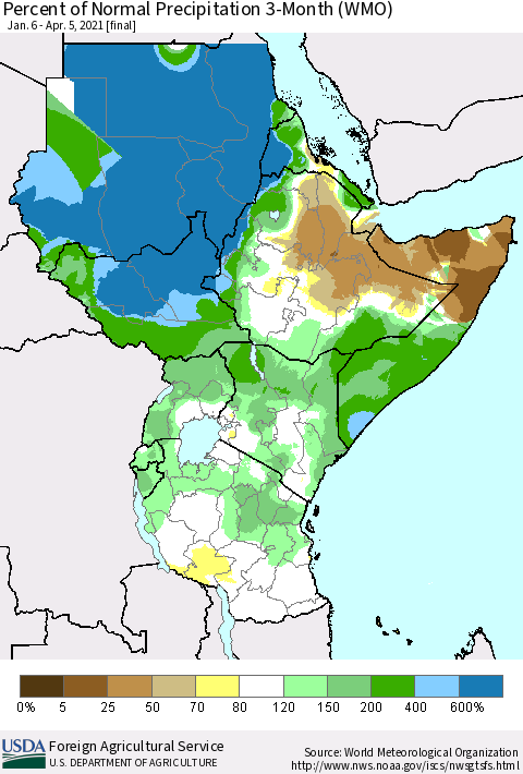 Eastern Africa Percent of Normal Precipitation 3-Month (WMO) Thematic Map For 1/6/2021 - 4/5/2021