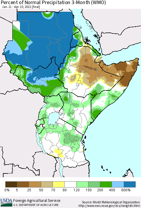 Eastern Africa Percent of Normal Precipitation 3-Month (WMO) Thematic Map For 1/11/2021 - 4/10/2021