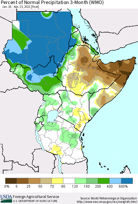 Eastern Africa Percent of Normal Precipitation 3-Month (WMO) Thematic Map For 1/16/2021 - 4/15/2021
