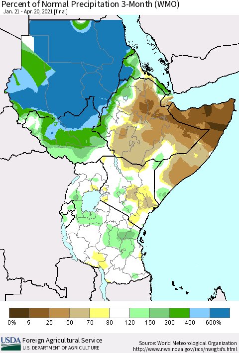 Eastern Africa Percent of Normal Precipitation 3-Month (WMO) Thematic Map For 1/21/2021 - 4/20/2021