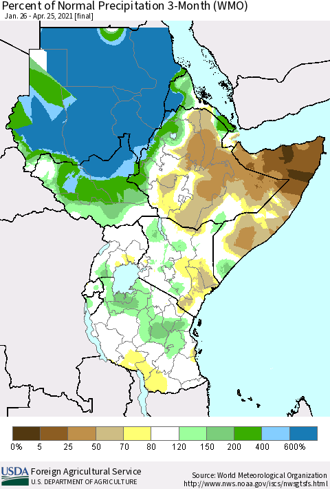 Eastern Africa Percent of Normal Precipitation 3-Month (WMO) Thematic Map For 1/26/2021 - 4/25/2021