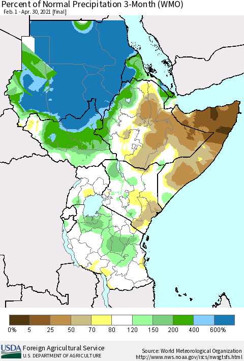 Eastern Africa Percent of Normal Precipitation 3-Month (WMO) Thematic Map For 2/1/2021 - 4/30/2021