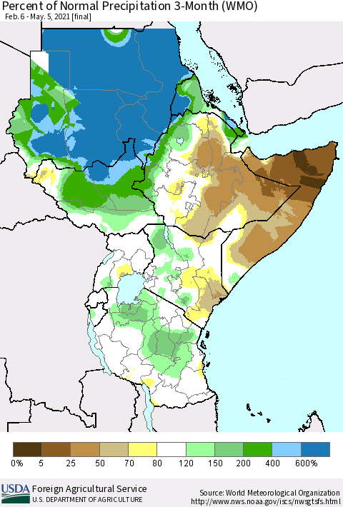 Eastern Africa Percent of Normal Precipitation 3-Month (WMO) Thematic Map For 2/6/2021 - 5/5/2021