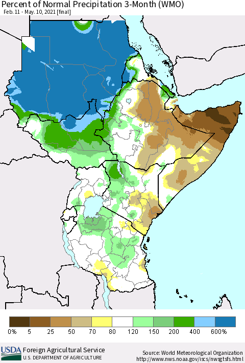 Eastern Africa Percent of Normal Precipitation 3-Month (WMO) Thematic Map For 2/11/2021 - 5/10/2021