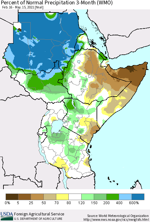 Eastern Africa Percent of Normal Precipitation 3-Month (WMO) Thematic Map For 2/16/2021 - 5/15/2021