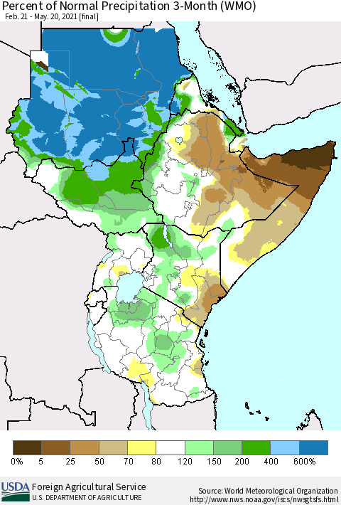 Eastern Africa Percent of Normal Precipitation 3-Month (WMO) Thematic Map For 2/21/2021 - 5/20/2021