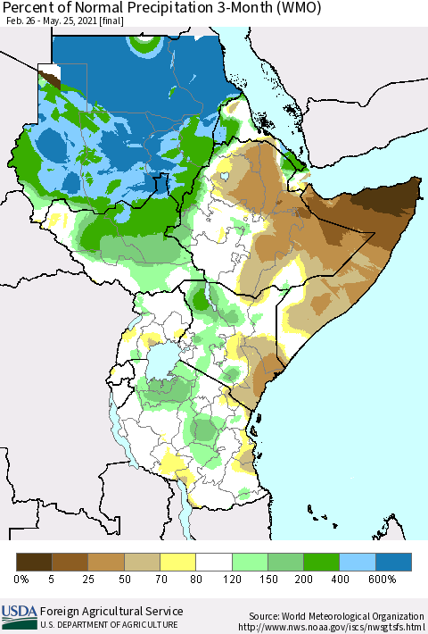 Eastern Africa Percent of Normal Precipitation 3-Month (WMO) Thematic Map For 2/26/2021 - 5/25/2021