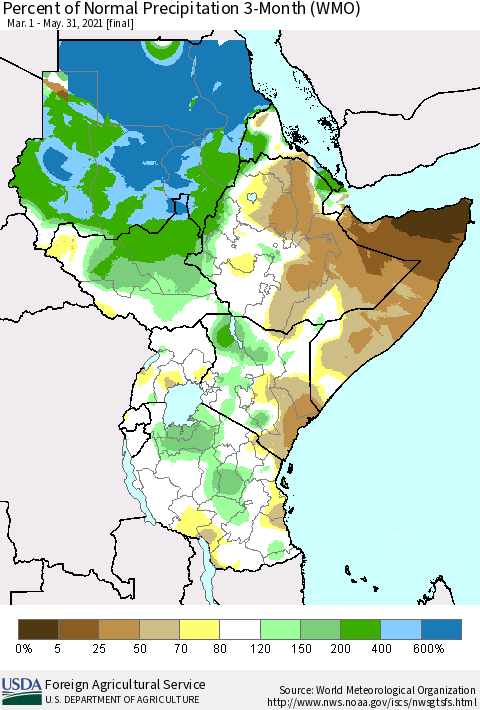 Eastern Africa Percent of Normal Precipitation 3-Month (WMO) Thematic Map For 3/1/2021 - 5/31/2021
