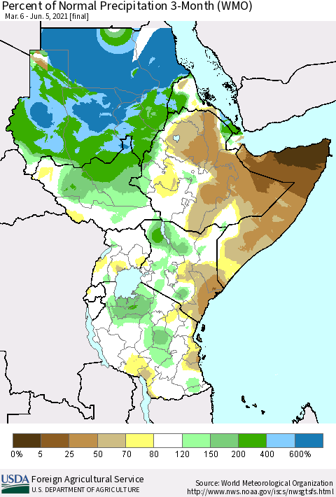 Eastern Africa Percent of Normal Precipitation 3-Month (WMO) Thematic Map For 3/6/2021 - 6/5/2021