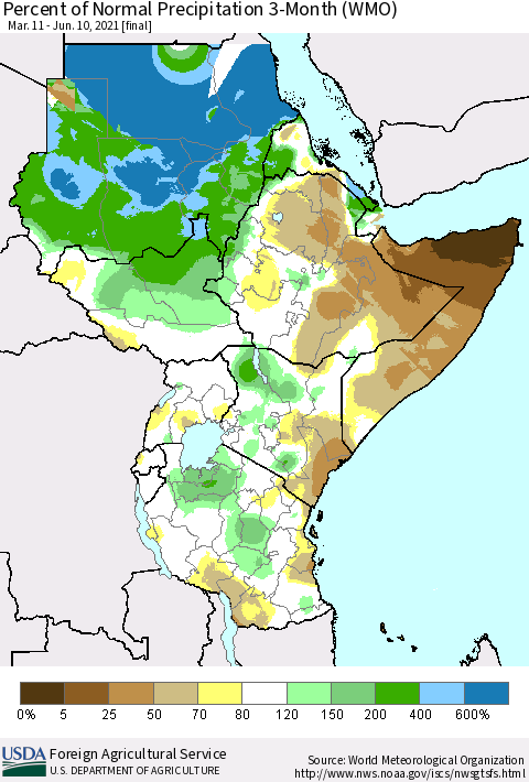 Eastern Africa Percent of Normal Precipitation 3-Month (WMO) Thematic Map For 3/11/2021 - 6/10/2021