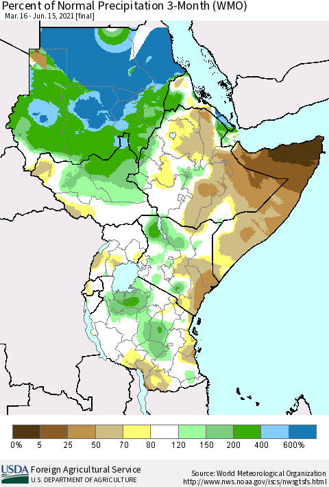 Eastern Africa Percent of Normal Precipitation 3-Month (WMO) Thematic Map For 3/16/2021 - 6/15/2021