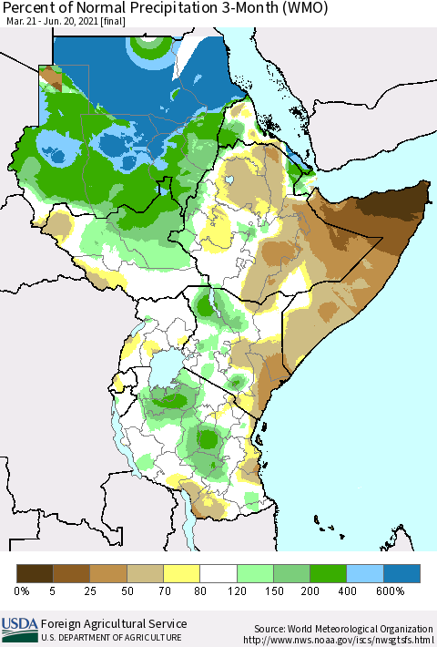 Eastern Africa Percent of Normal Precipitation 3-Month (WMO) Thematic Map For 3/21/2021 - 6/20/2021